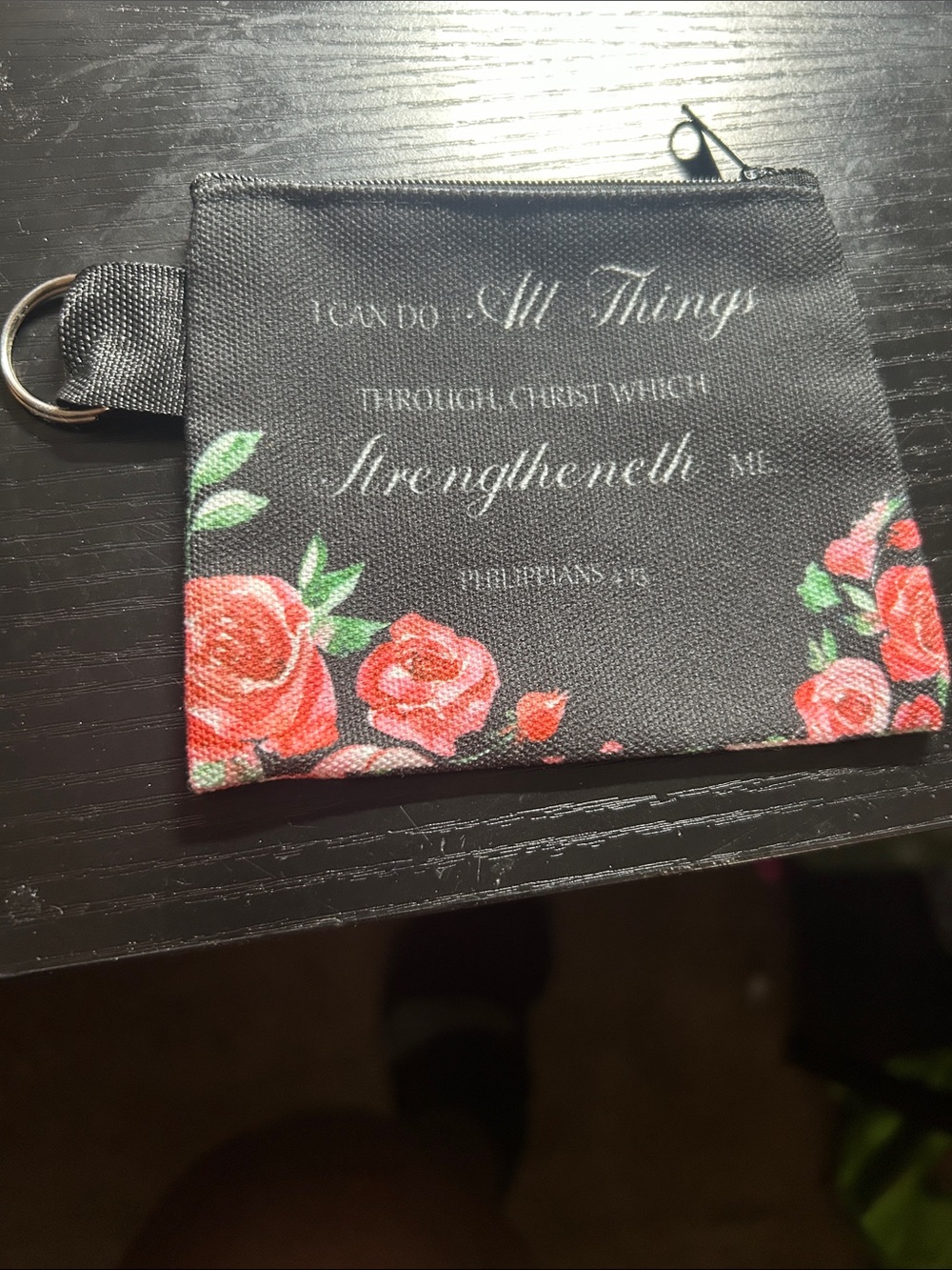 YNS Generic Black Coin Pouch with Red Rose Print